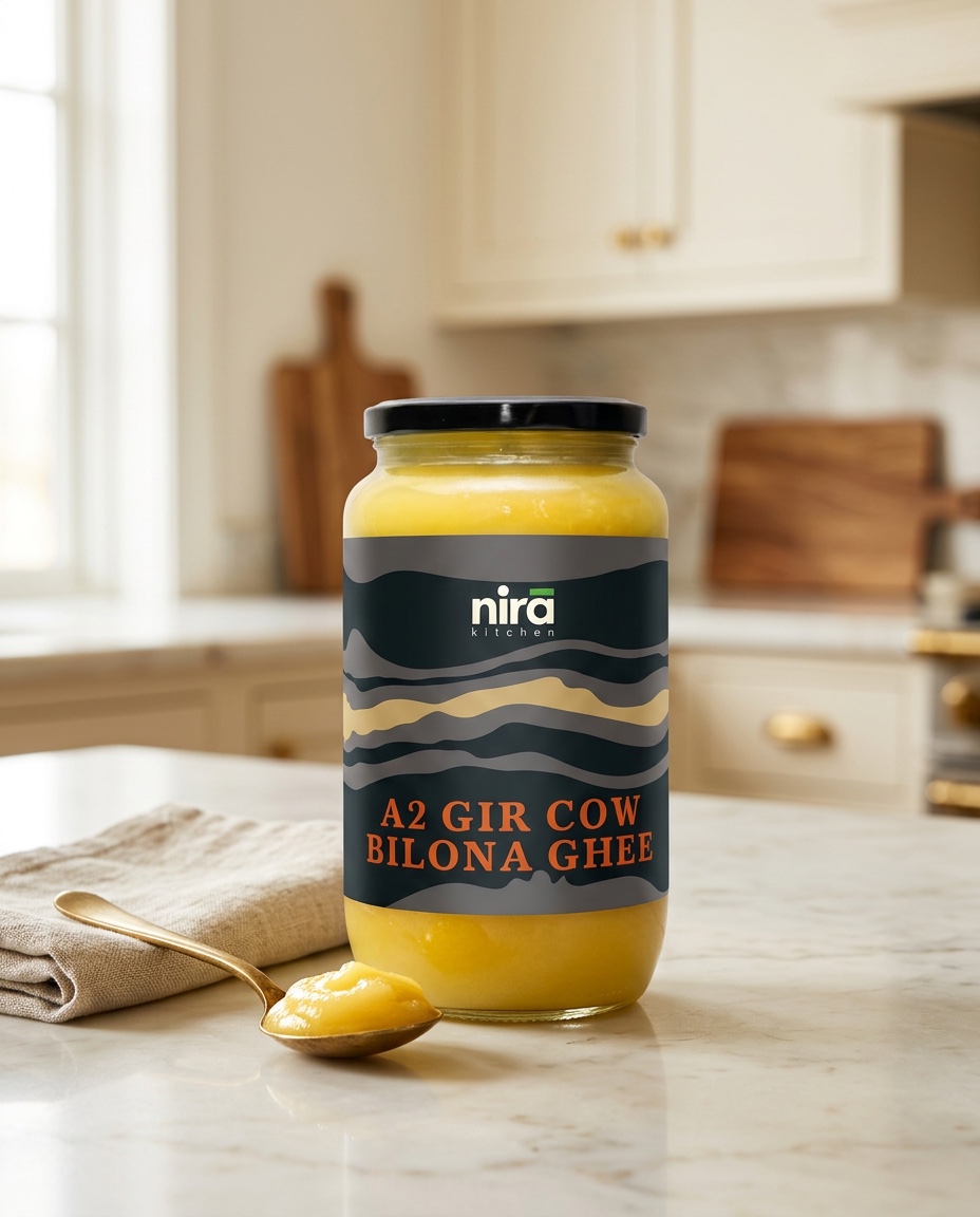 Premium A2 Gir Cow Bilona Ghee jar with ghee in a brass bowl on a wooden board