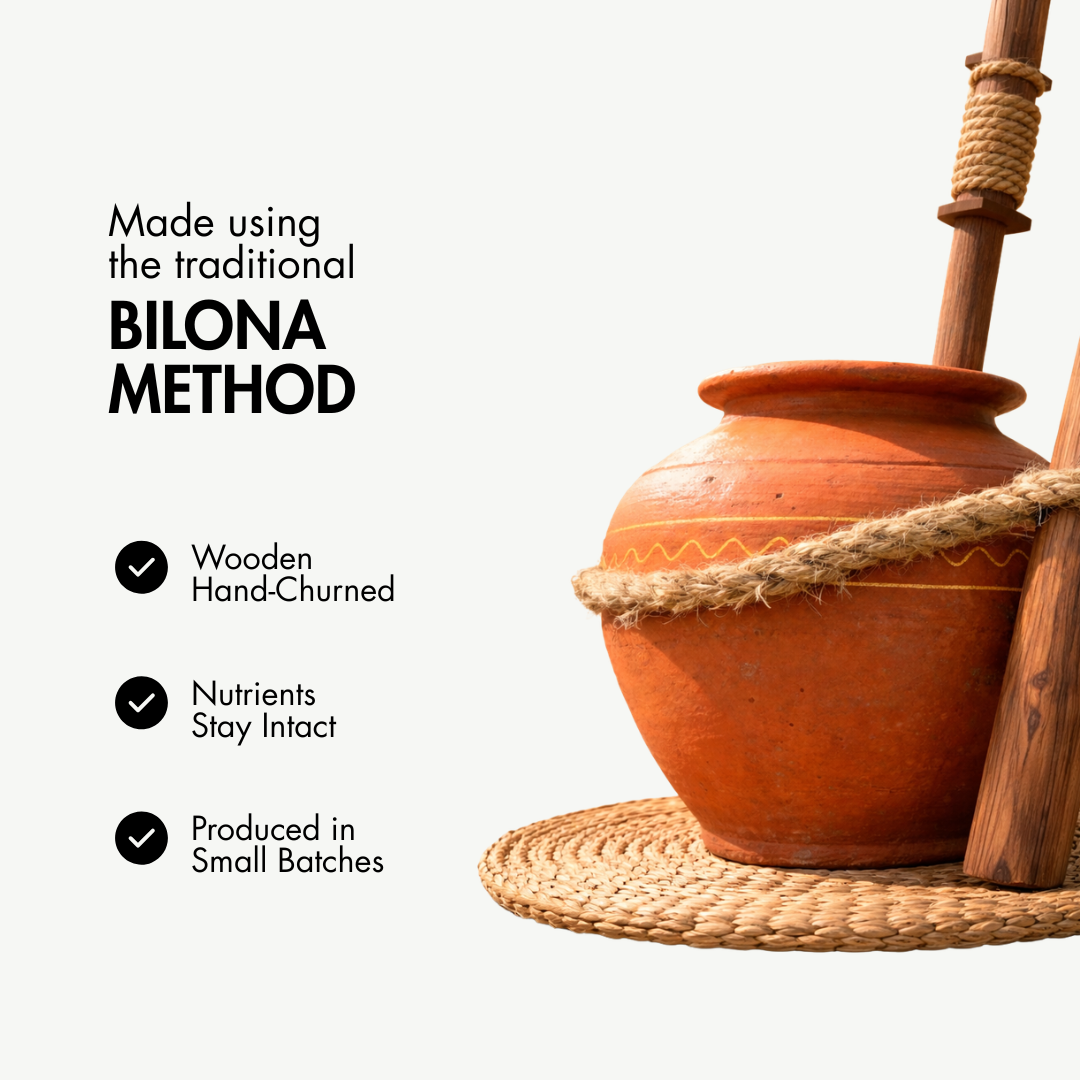 Traditional bilona method — ghee made in a clay pot over wood fire
